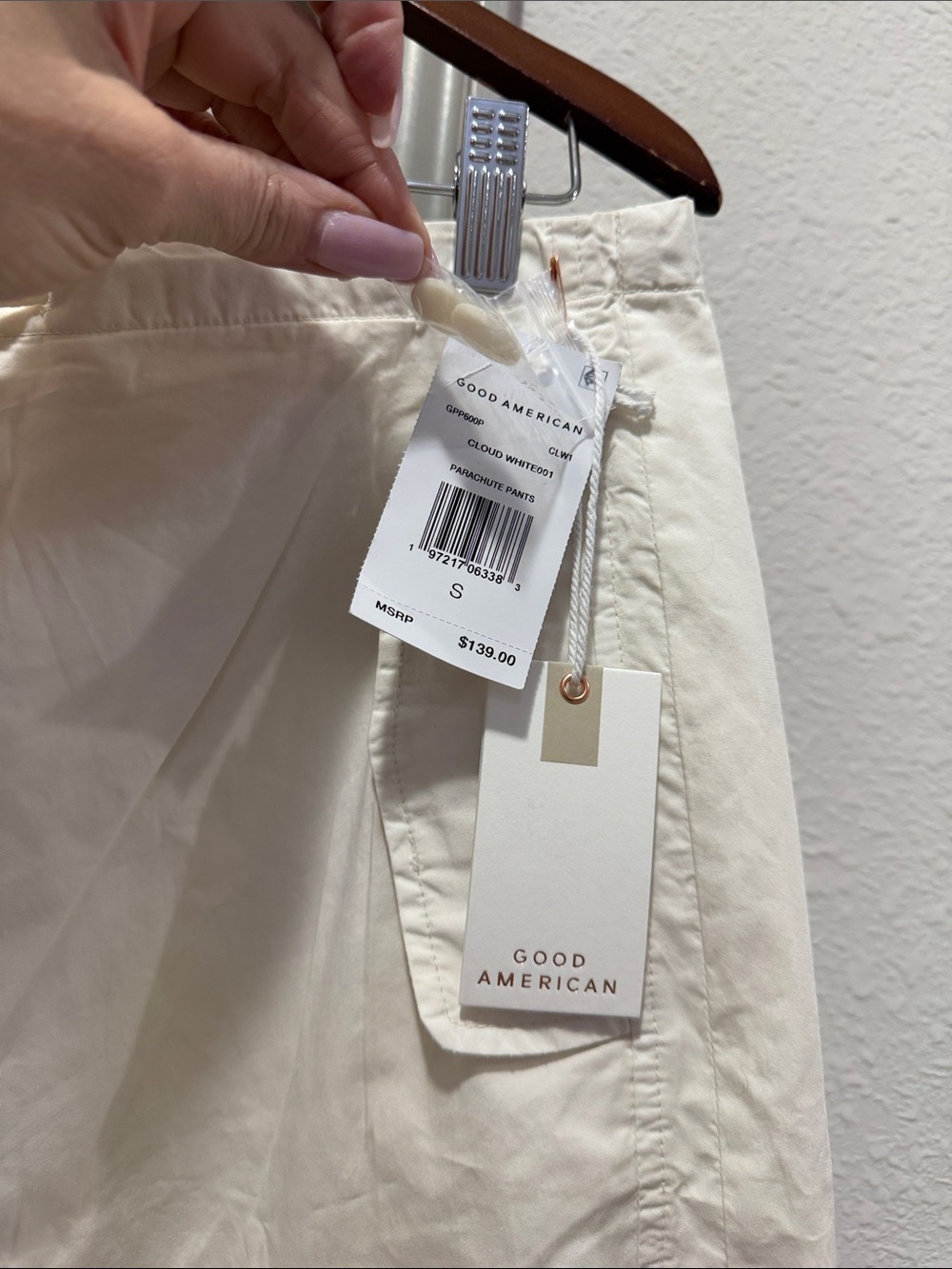 Good American ivory cream white oversized parachute utility cargo pants S M - Picture 4 of 10